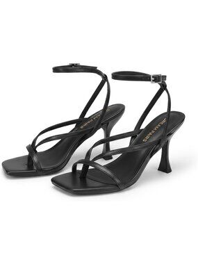 Women's Black Faux Leather Square Open Toe Flip Flop Ankle Strap High Heels